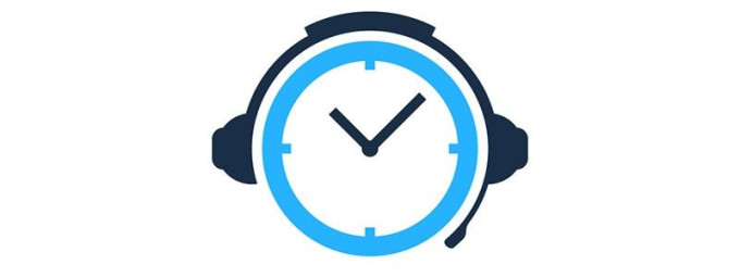 Graphic of a clock wearing a headphone and mic set