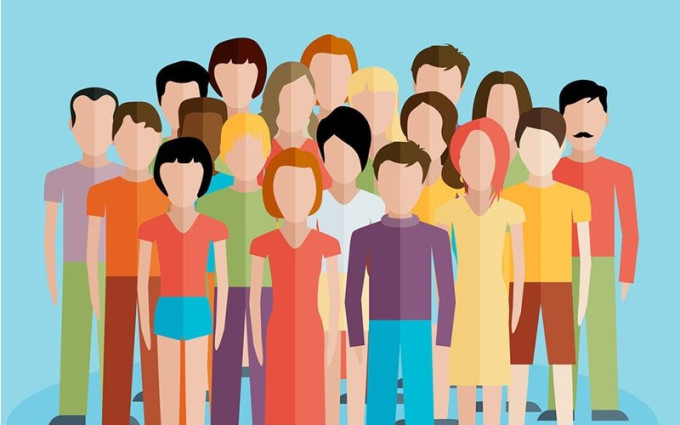 Colorful abstract illustration of a group of men and women standing together