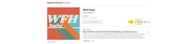 Screenshot highlighting where to find the embed code for the WFH Daily podcast