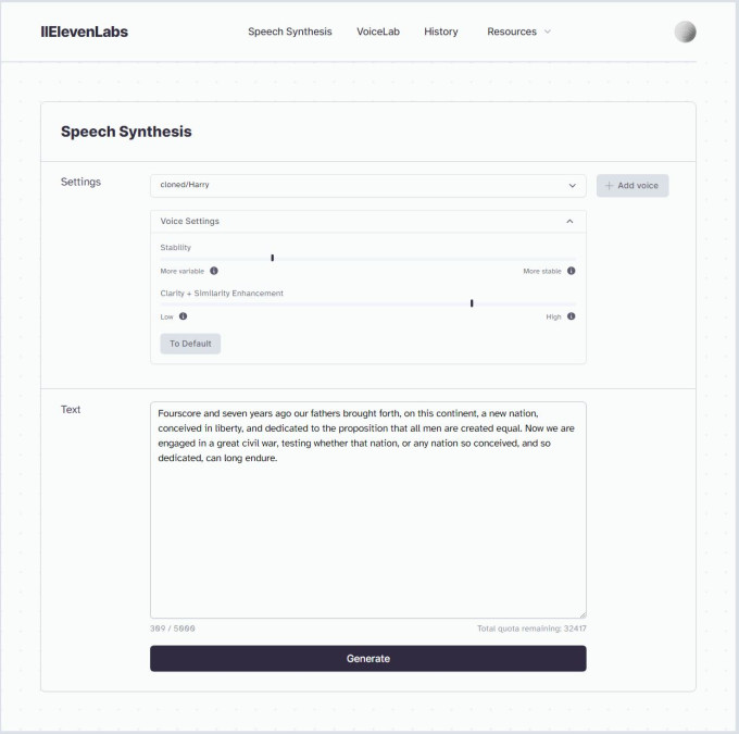 Screengrab of ElevenLabs AI voice cloning software interface