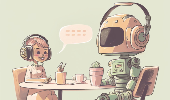 Illustration of woman and robot sitting at a table and having a conversation