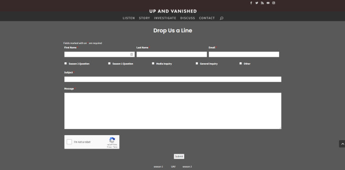 Screenshot of Up and Vanished's website contact form