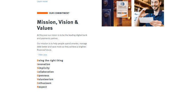 Screengrab of Discover's mission, vision and values page on their company website