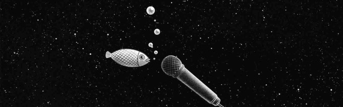 Black and white illustration of a fish blowing bubbles into a microphone, highlighting the importance of employing good microphone technique