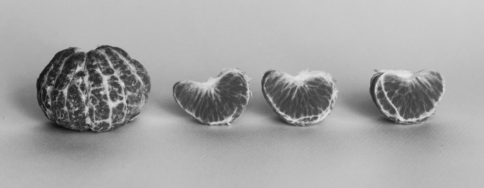 Grayscale image of peeled satsuma with segments broken off, depicting ideas for podcast segments
