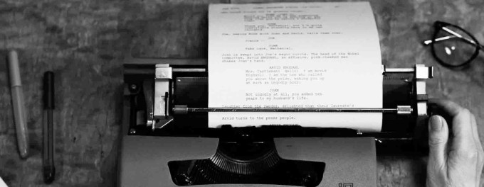 Person writing a podcast script on a typewriter