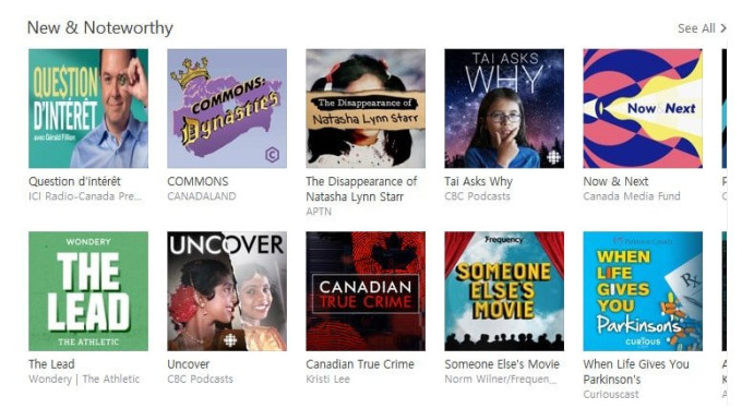 Screenshot of Apple Podcasts' new and noteworthy section