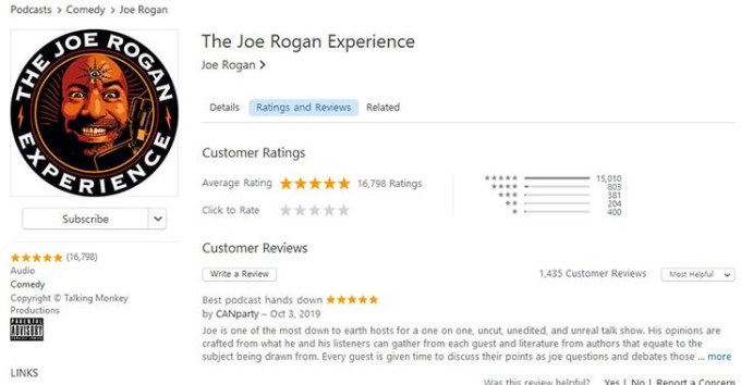 Screenshot of Joe Rogan's podcast ratings on Apple Podcasts