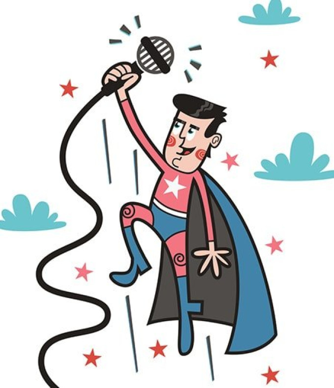 Graphic of podcast superhero in blue cape holding a microphone