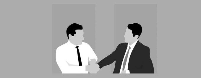 Graphic of two businessmen shaking hands highlighting why podcasts are great