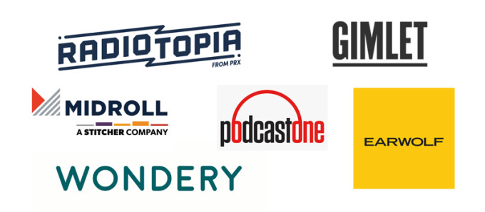 What is a podcast network? Logos of podcast networks: Radiotopia, Gimlet, Midroll, Wondery, Podcast Stone and Earwolf