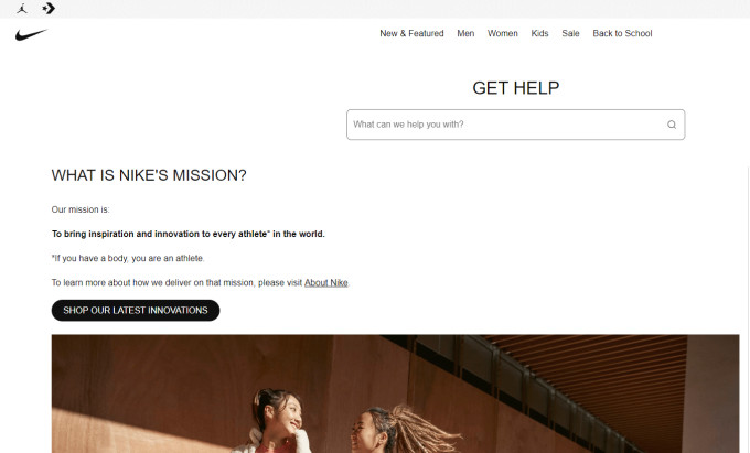 Screengrab of Nike's mission page on their company website