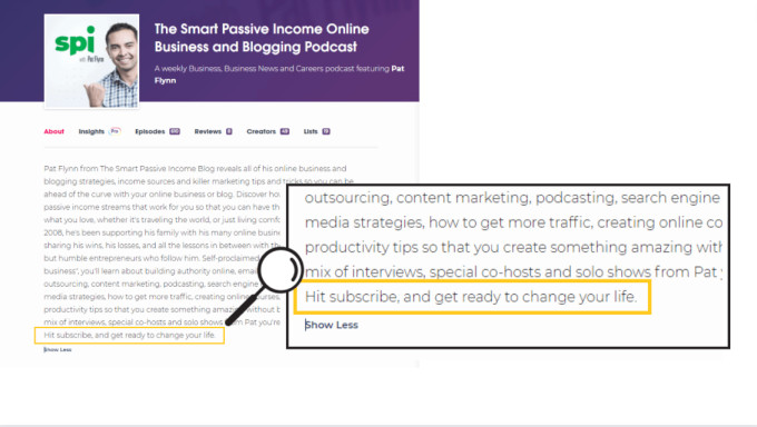 Screenshot of The Smart Passive Income podcast description, highlighting their CTA