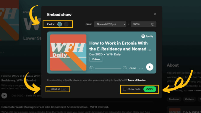 Screenshot highlighting where to find the embed code for the WFH Daily podcast