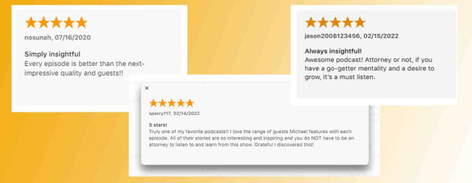 Five star reviews for Game Changing Attorney podcast