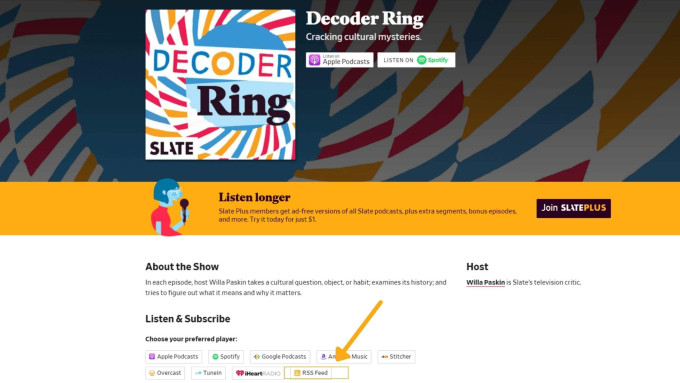 Screenshot of Decoder Ring's website, highlighting a link to their RSS feed
