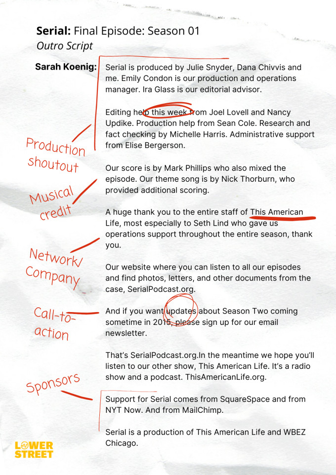 Graphic showing Serial's outro podcast script with notations and direction