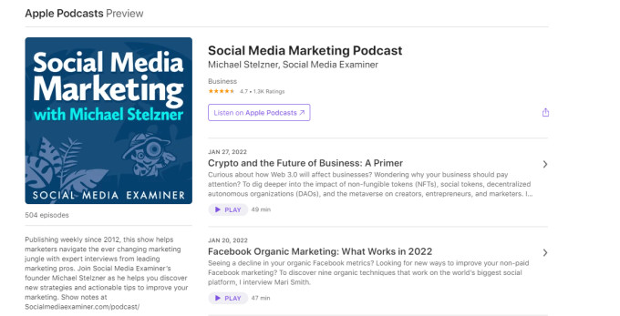 Screenshot of the Social Media Marketing podcast description