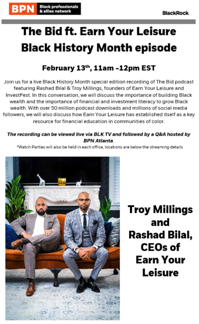 An article on The Bid's collaboration with BlackRock's Black Professionals Network to stream an episode via BLK TV, followed by a live Q&A with Earn Your Leisure's CEOs