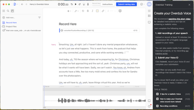 Screengrab of Descript software interface