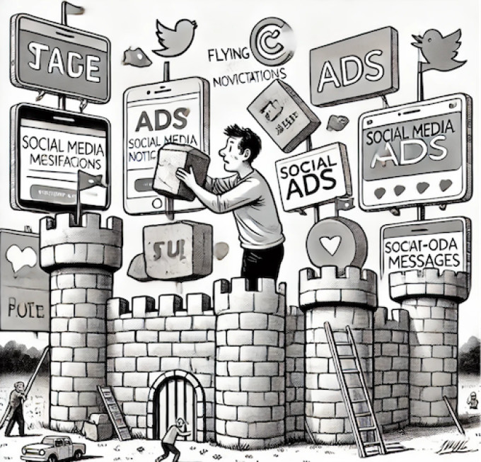 Graphic illustration of a social media advertisements fortress