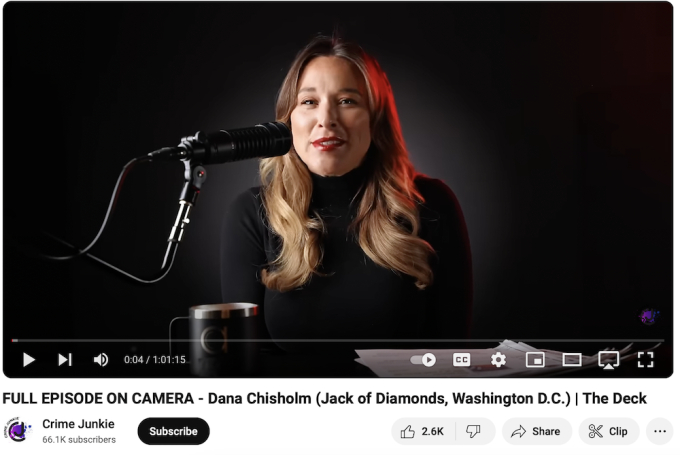 Crime Junkie Youtube video screenshot featuring low light and dark background
