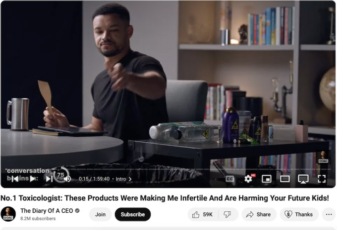 The Diary of a CEO YouTube video screenshot featuring a low lit background with episode-relevant props